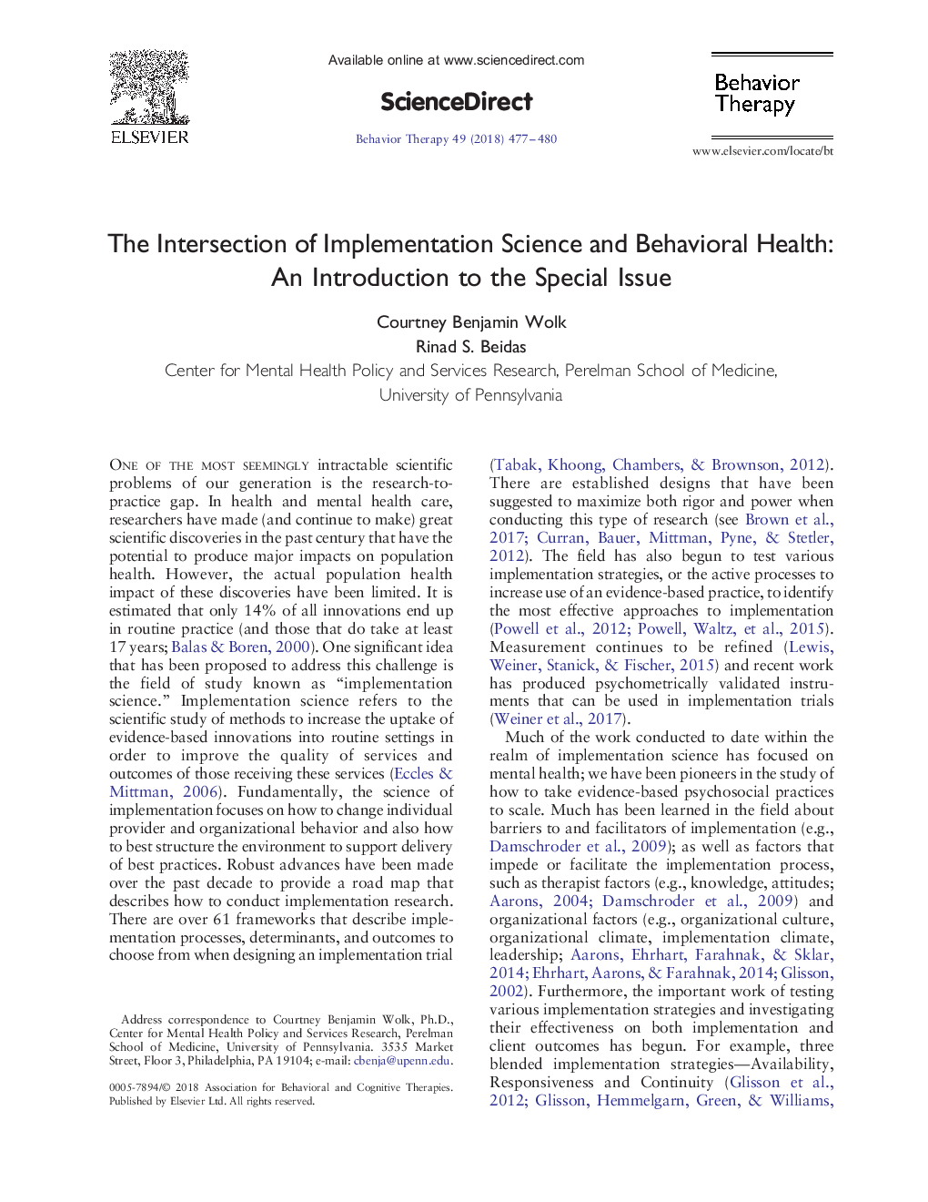 The Intersection of Implementation Science and Behavioral Health: An Introduction to the Special Issue