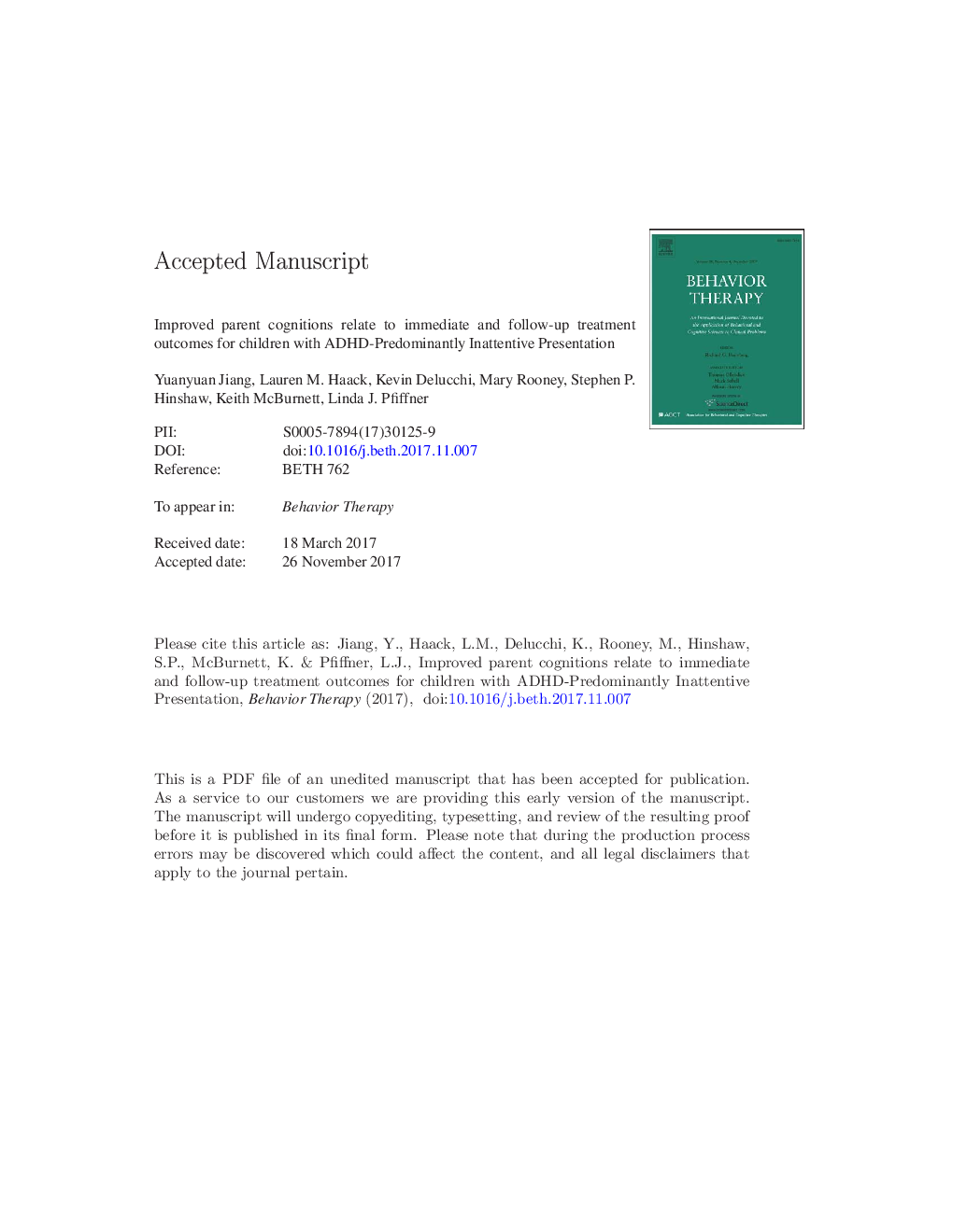 Improved Parent Cognitions Relate to Immediate and Follow-Up Treatment Outcomes for Children With ADHD-Predominantly Inattentive Presentation