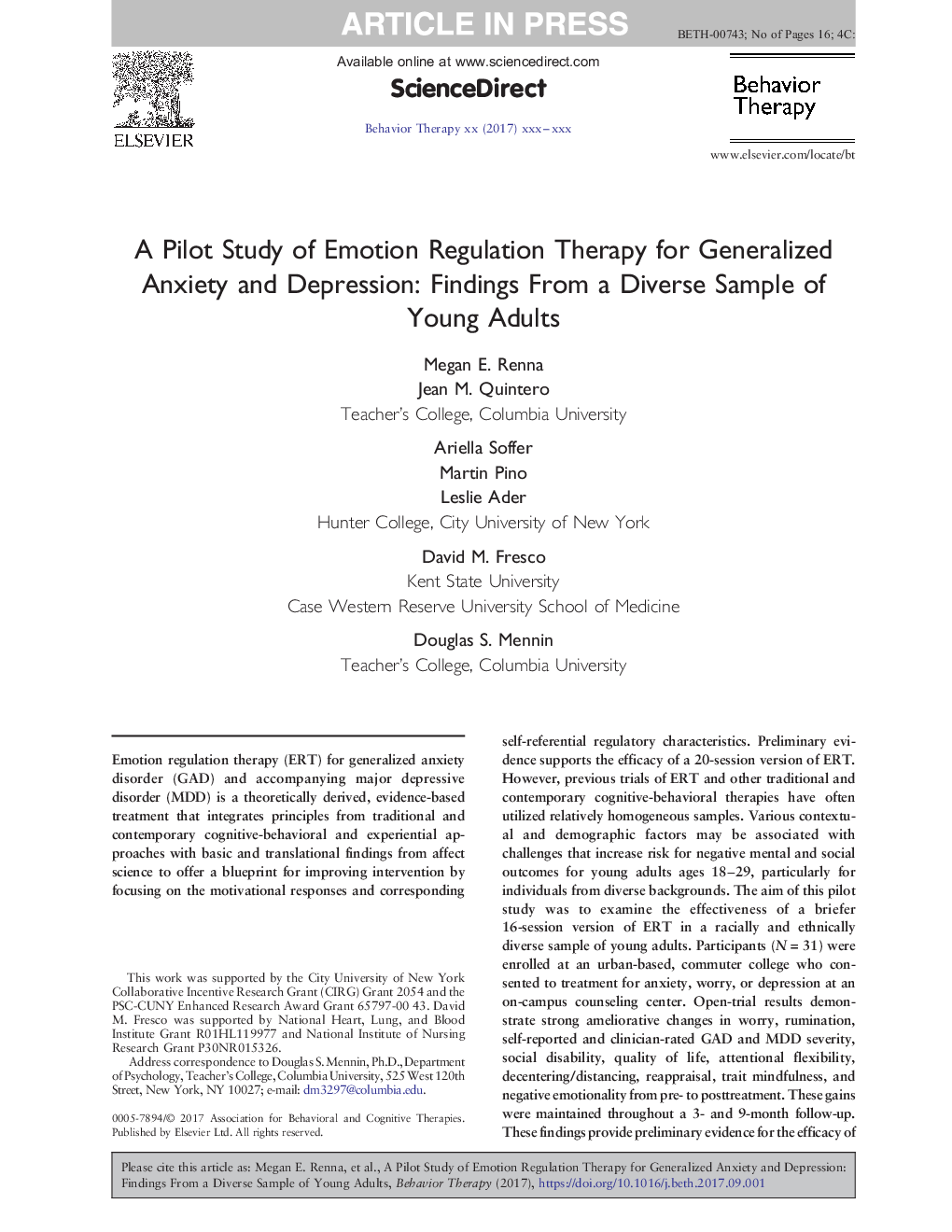 یک مطالعه ی آزمایشی درمان تنظیم احساسات برای اضطراب و افسردگی کلی: نتایج حاصل از نمونه های متنوع بزرگسالان 