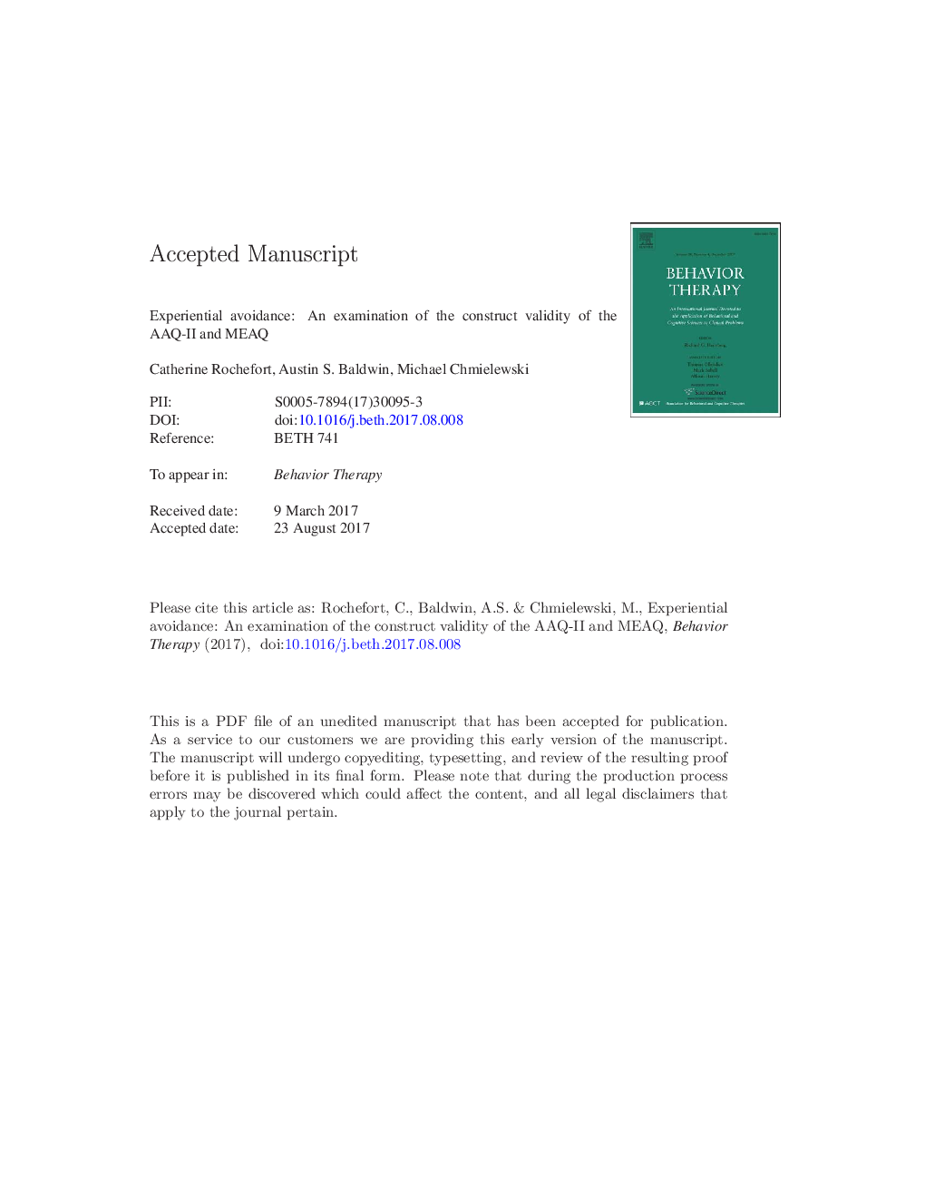 عکس صفحه اول مقاله: Experiential Avoidance: An Examination of the Construct Validity of the AAQ-II and MEAQ Experiential Avoidance: An Examination of the Construct Validity of the AAQ-II and MEAQ