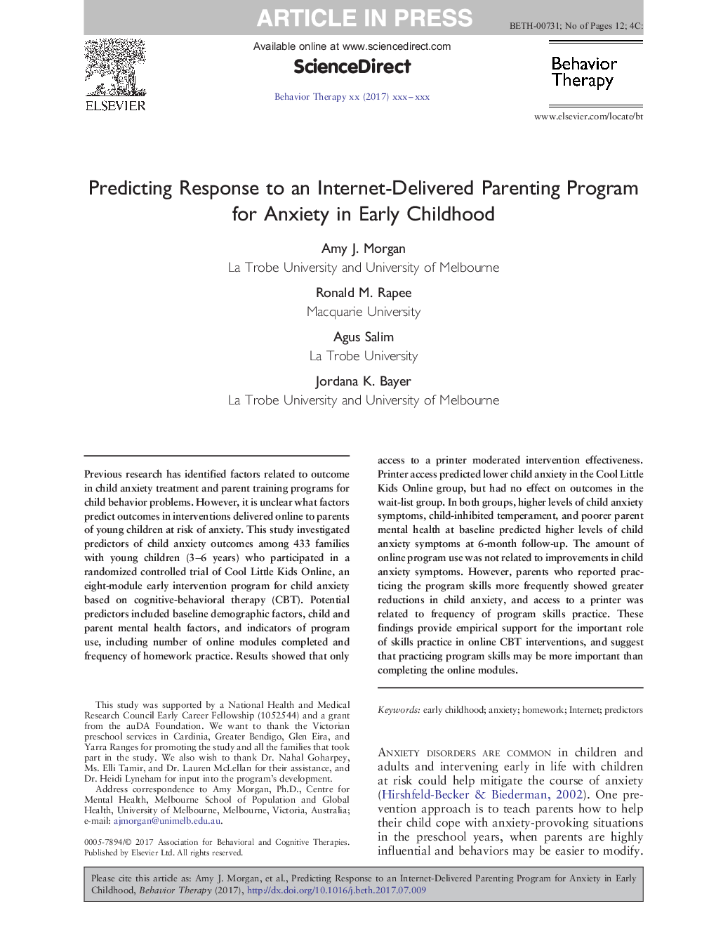 Predicting Response to an Internet-Delivered Parenting Program for Anxiety in Early Childhood