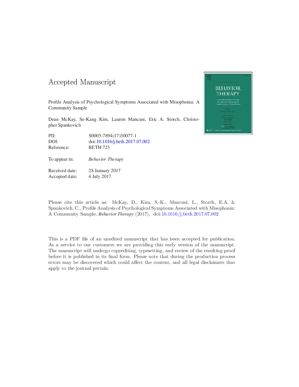 Profile Analysis of Psychological Symptoms Associated With Misophonia: A Community Sample