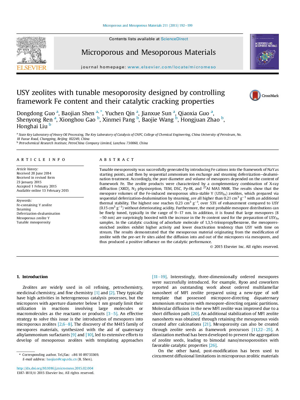 عکس صفحه اول مقاله: USY zeolites with tunable mesoporosity designed by controlling framework Fe content and their catalytic cracking properties USY zeolites with tunable mesoporosity designed by controlling framework Fe content and their catalytic cracking properties