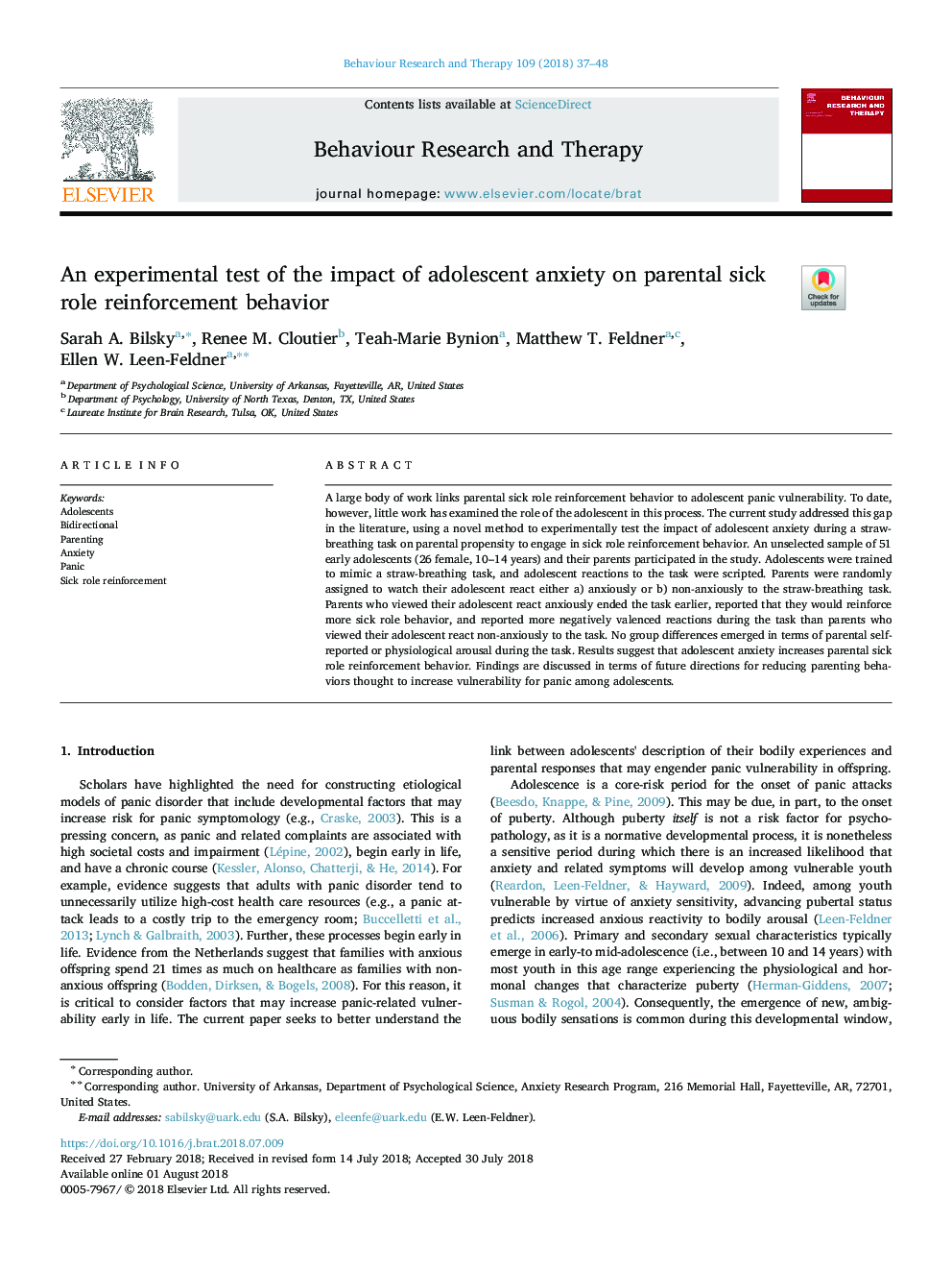 An experimental test of the impact of adolescent anxiety on parental sick role reinforcement behavior