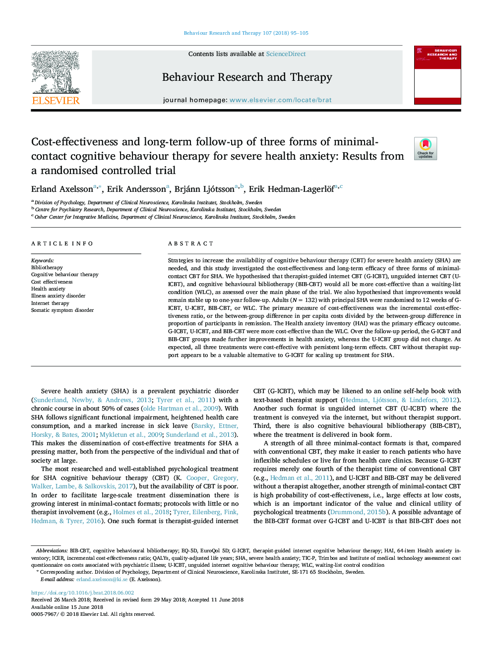Cost-effectiveness and long-term follow-up of three forms of minimal-contact cognitive behaviour therapy for severe health anxiety: Results from a randomised controlled trial