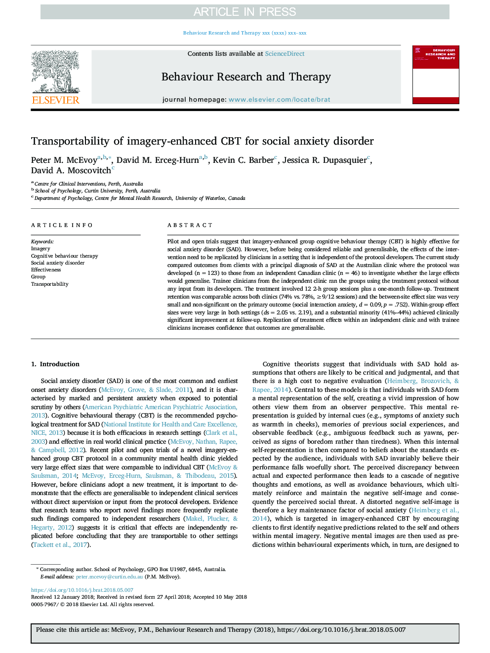 Transportability of imagery-enhanced CBT for social anxiety disorder