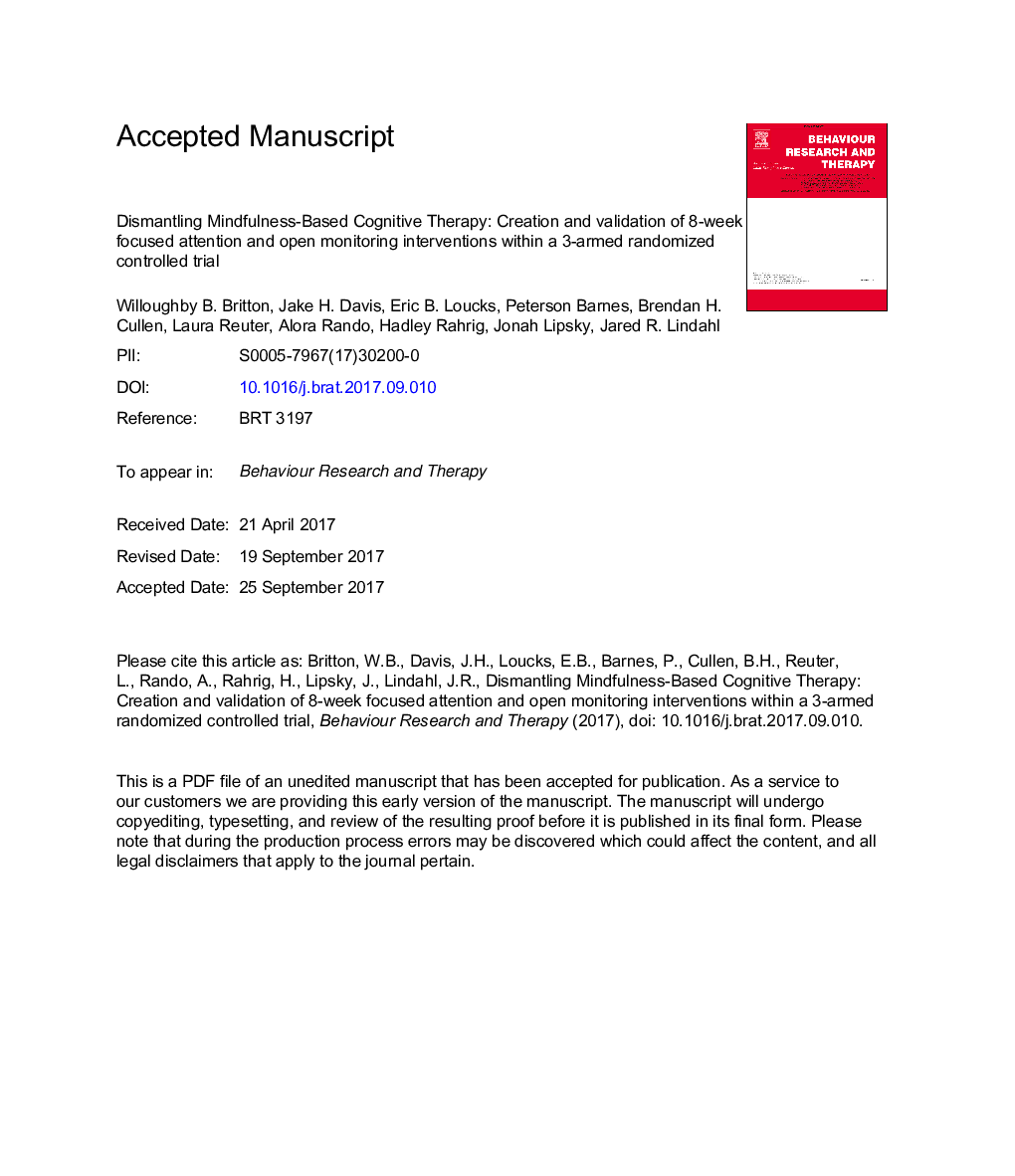 Dismantling Mindfulness-Based Cognitive Therapy: Creation and validation of 8-week focused attention and open monitoring interventions within a 3-armed randomized controlled trial