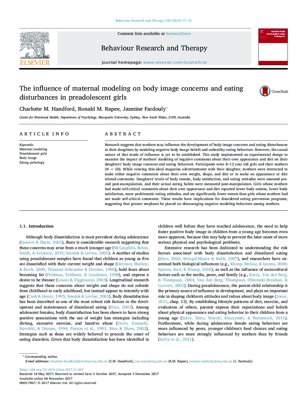 The influence of maternal modeling on body image concerns and eating disturbances in preadolescent girls