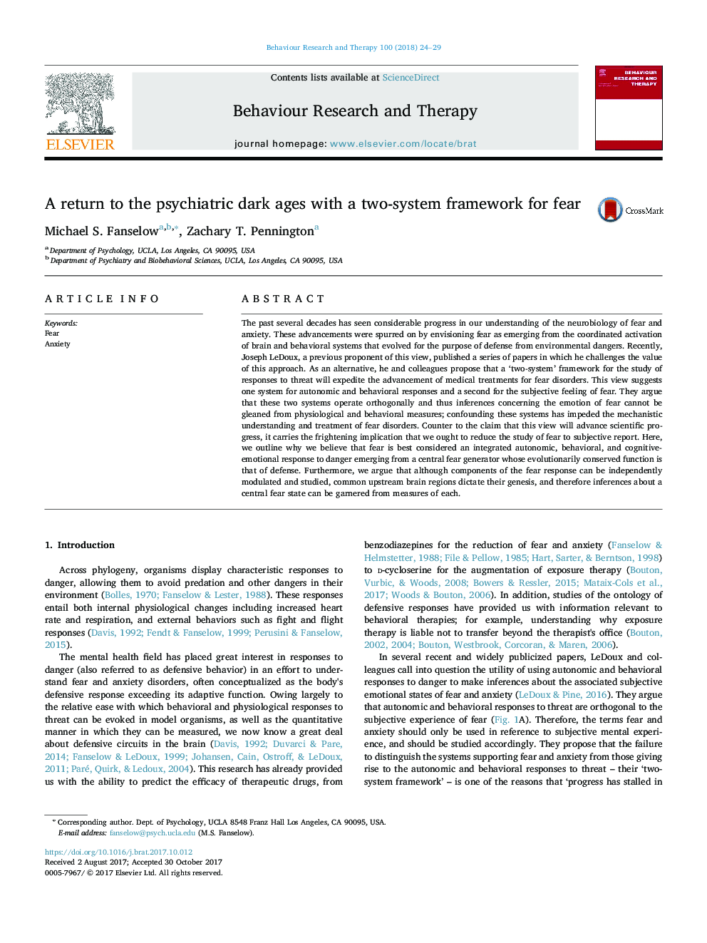 A return to the psychiatric dark ages with a two-system framework for fear