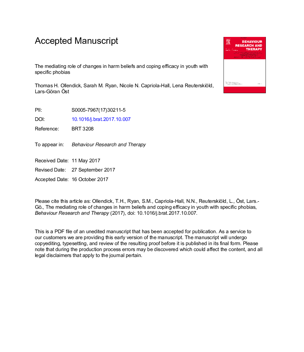 The mediating role of changes in harm beliefs and coping efficacy in youth with specific phobias