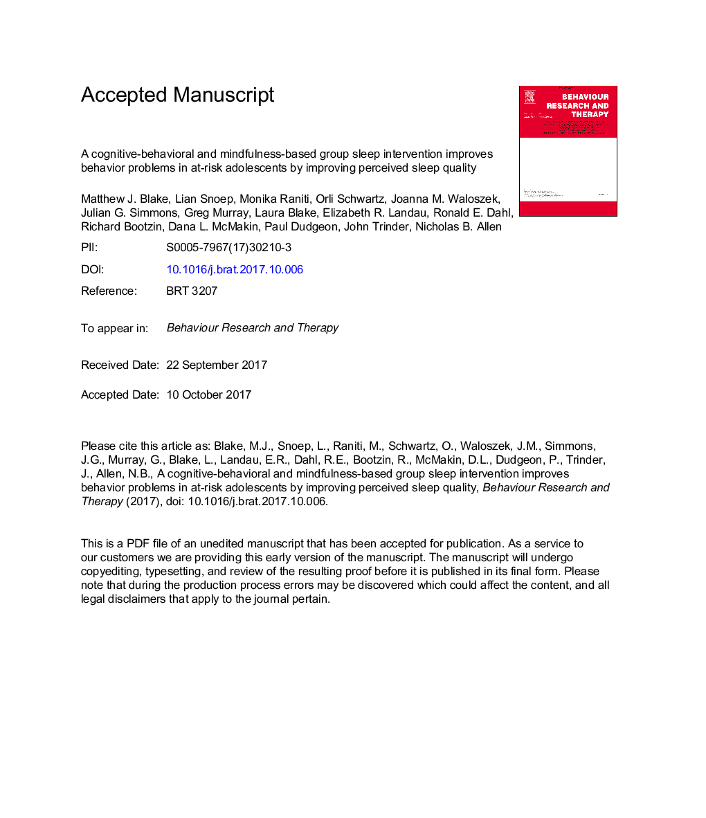 A cognitive-behavioral and mindfulness-based group sleep intervention improves behavior problems in at-risk adolescents by improving perceived sleep quality