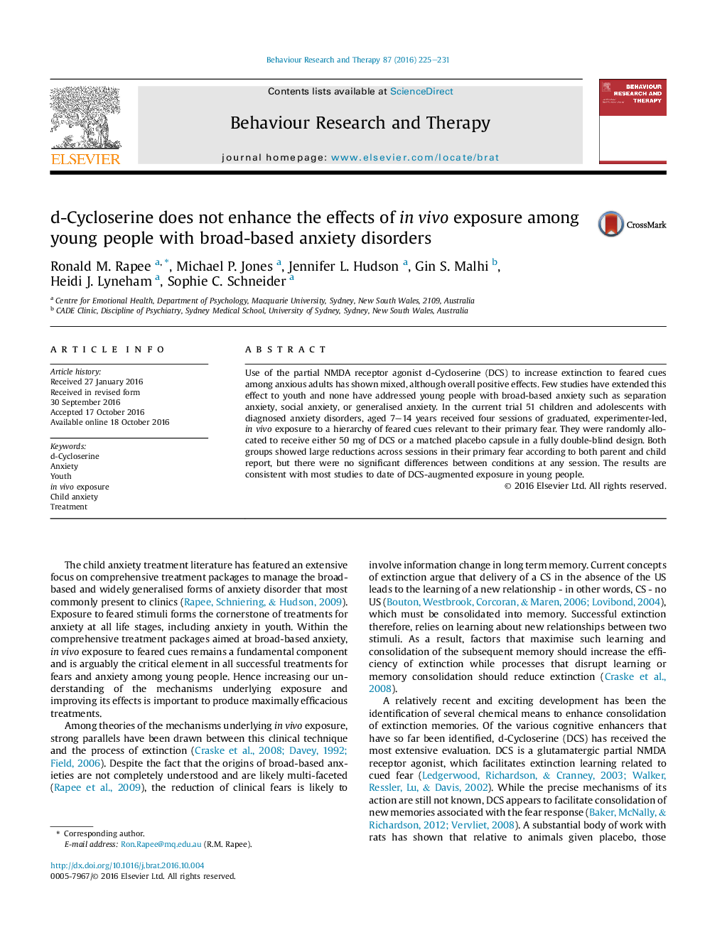 d-Cycloserine does not enhance the effects of inÂ vivo exposure among young people with broad-based anxiety disorders