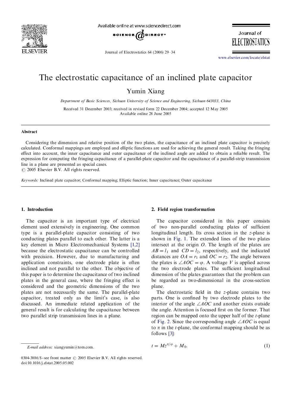 The electrostatic capacitance of an inclined plate capacitor