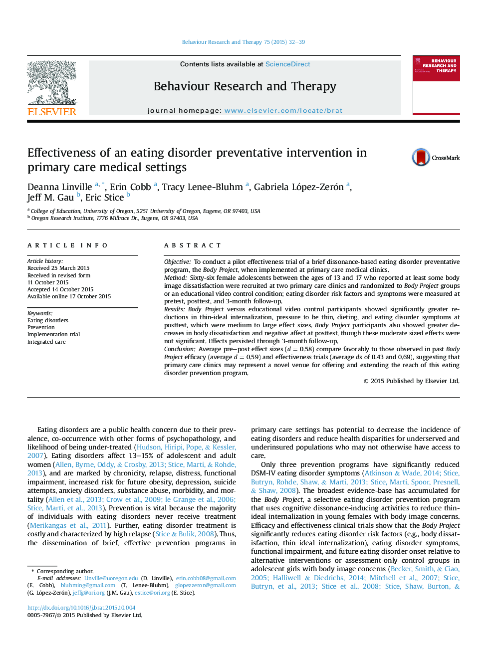 Effectiveness of an eating disorder preventative intervention in primary care medical settings