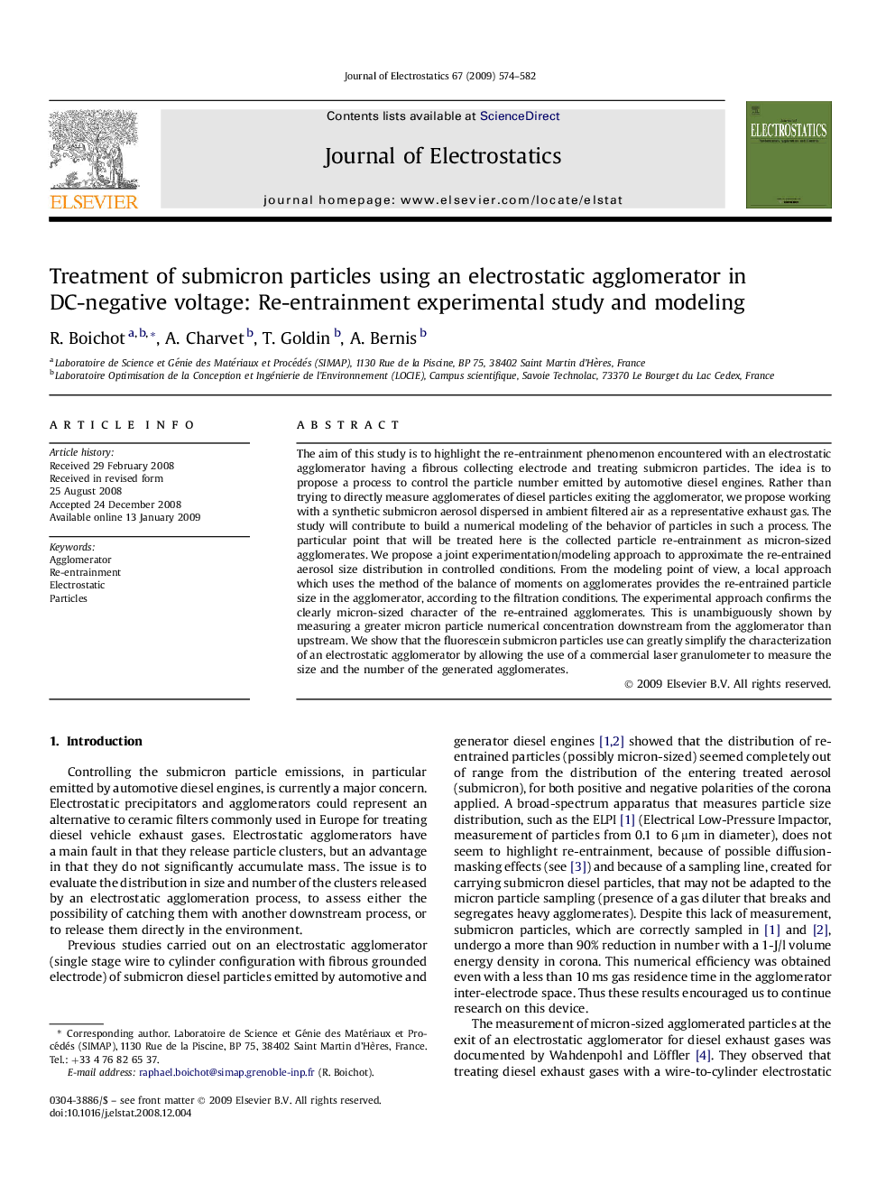 Treatment of submicron particles using an electrostatic agglomerator in DC-negative voltage: Re-entrainment experimental study and modeling