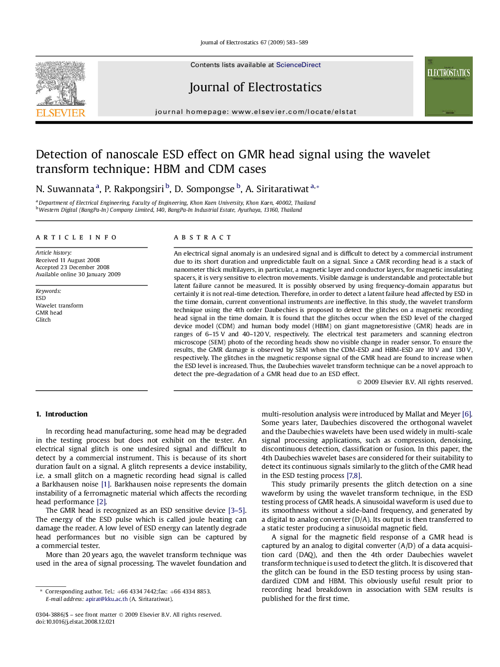 Detection of nanoscale ESD effect on GMR head signal using the wavelet transform technique: HBM and CDM cases