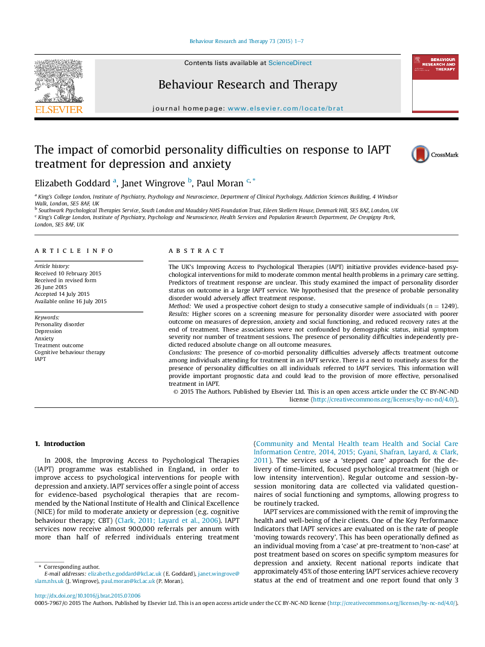 The impact of comorbid personality difficulties on response to IAPT treatment for depression and anxiety