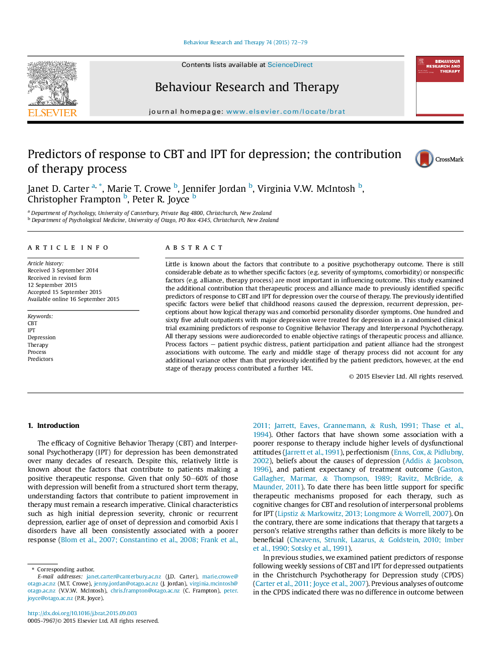 Predictors of response to CBT and IPT for depression; the contribution of therapy process