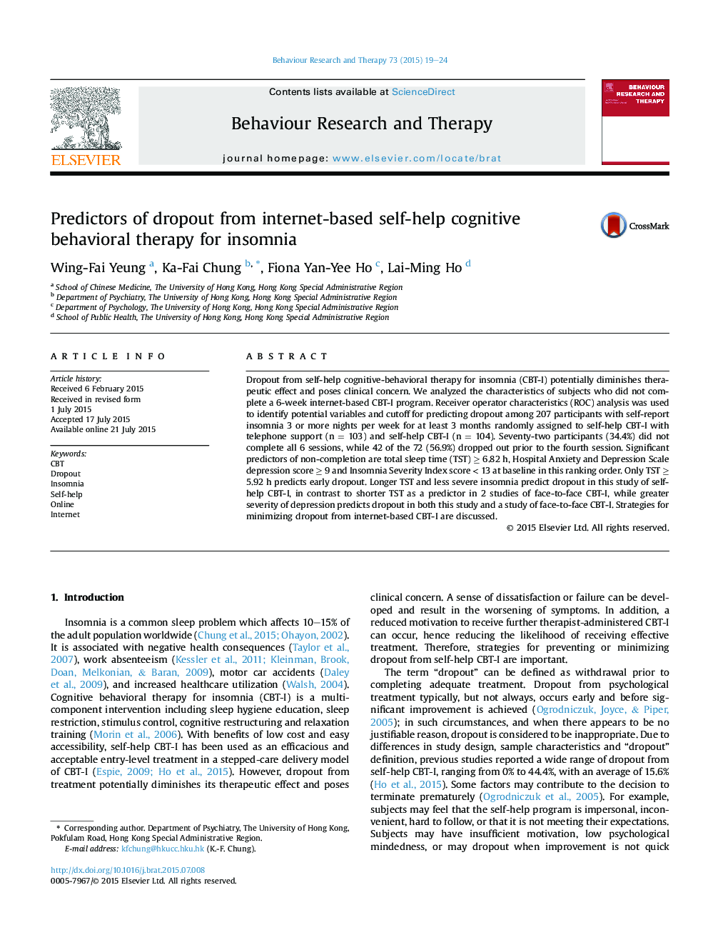 Predictors of dropout from internet-based self-help cognitive behavioral therapy for insomnia