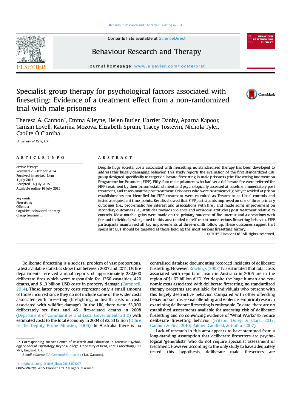 Specialist group therapy for psychological factors associated with firesetting: Evidence of a treatment effect from a non-randomized trial with male prisoners