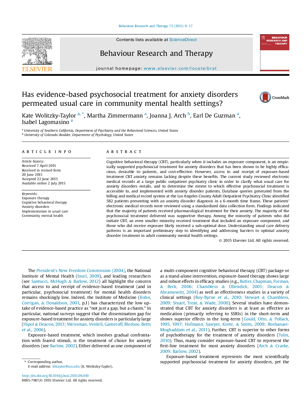 Has evidence-based psychosocial treatment for anxiety disorders permeated usual care in community mental health settings?