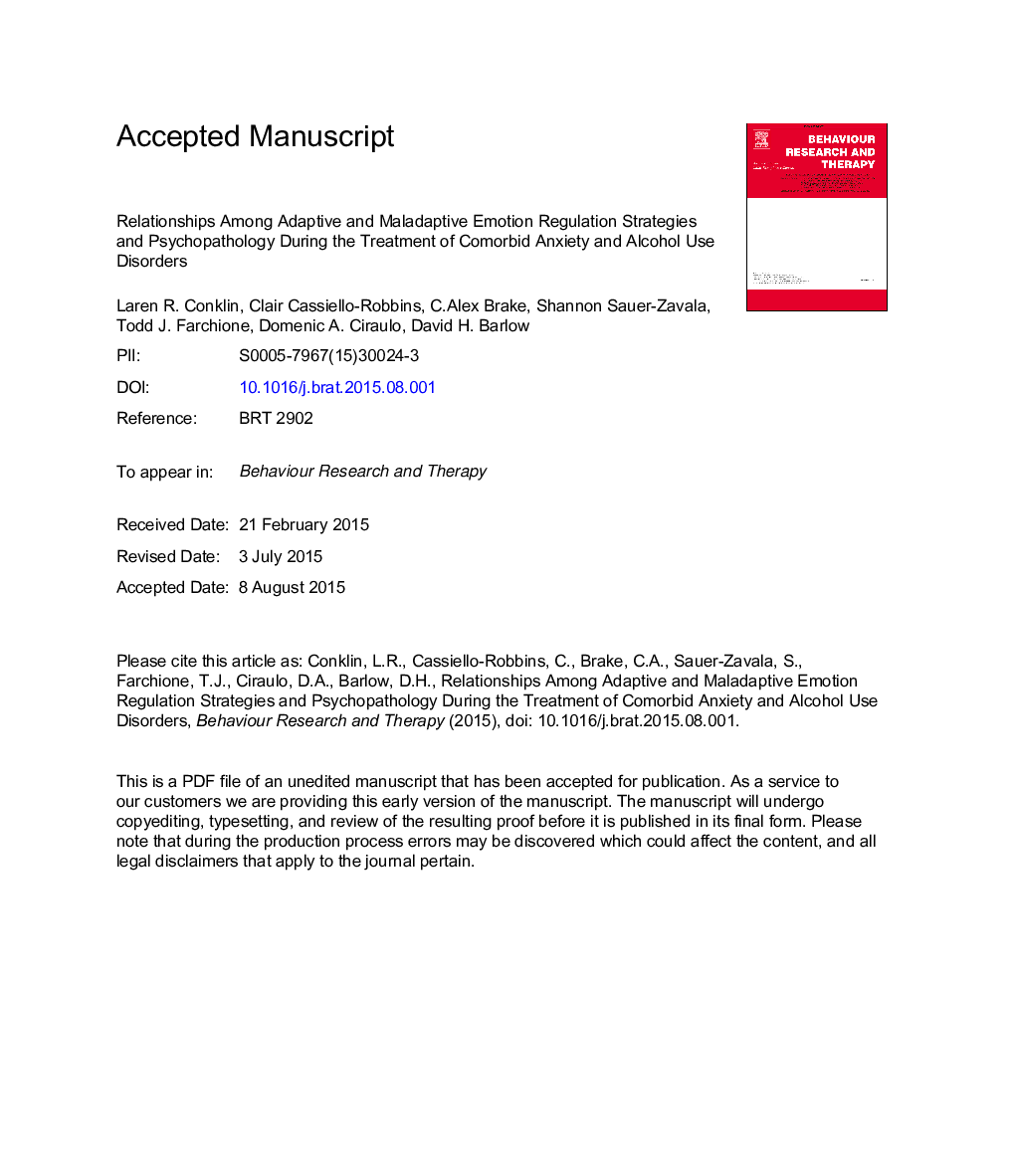 Relationships among adaptive and maladaptive emotion regulation strategies and psychopathology during the treatment of comorbid anxiety and alcohol use disorders