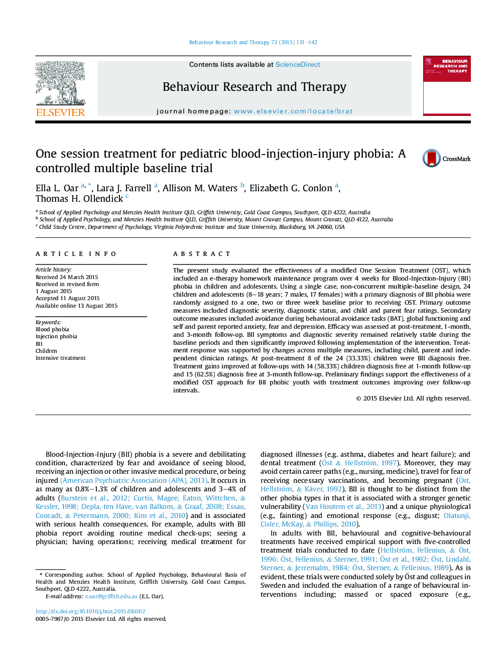 One session treatment for pediatric blood-injection-injury phobia: A controlled multiple baseline trial