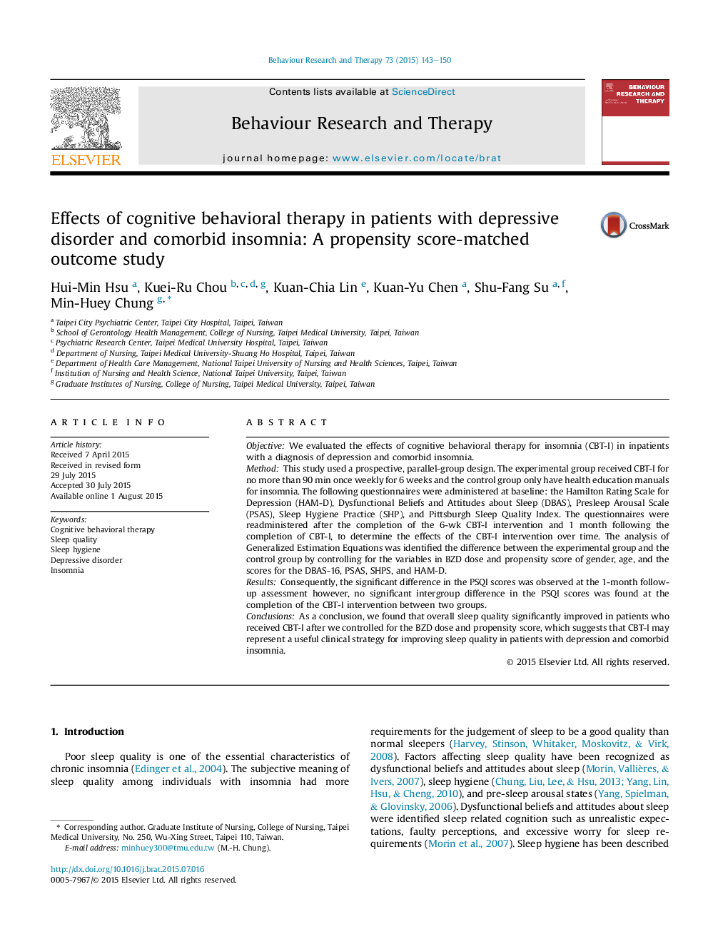 Effects of cognitive behavioral therapy in patients with depressive disorder and comorbid insomnia: A propensity score-matched outcome study