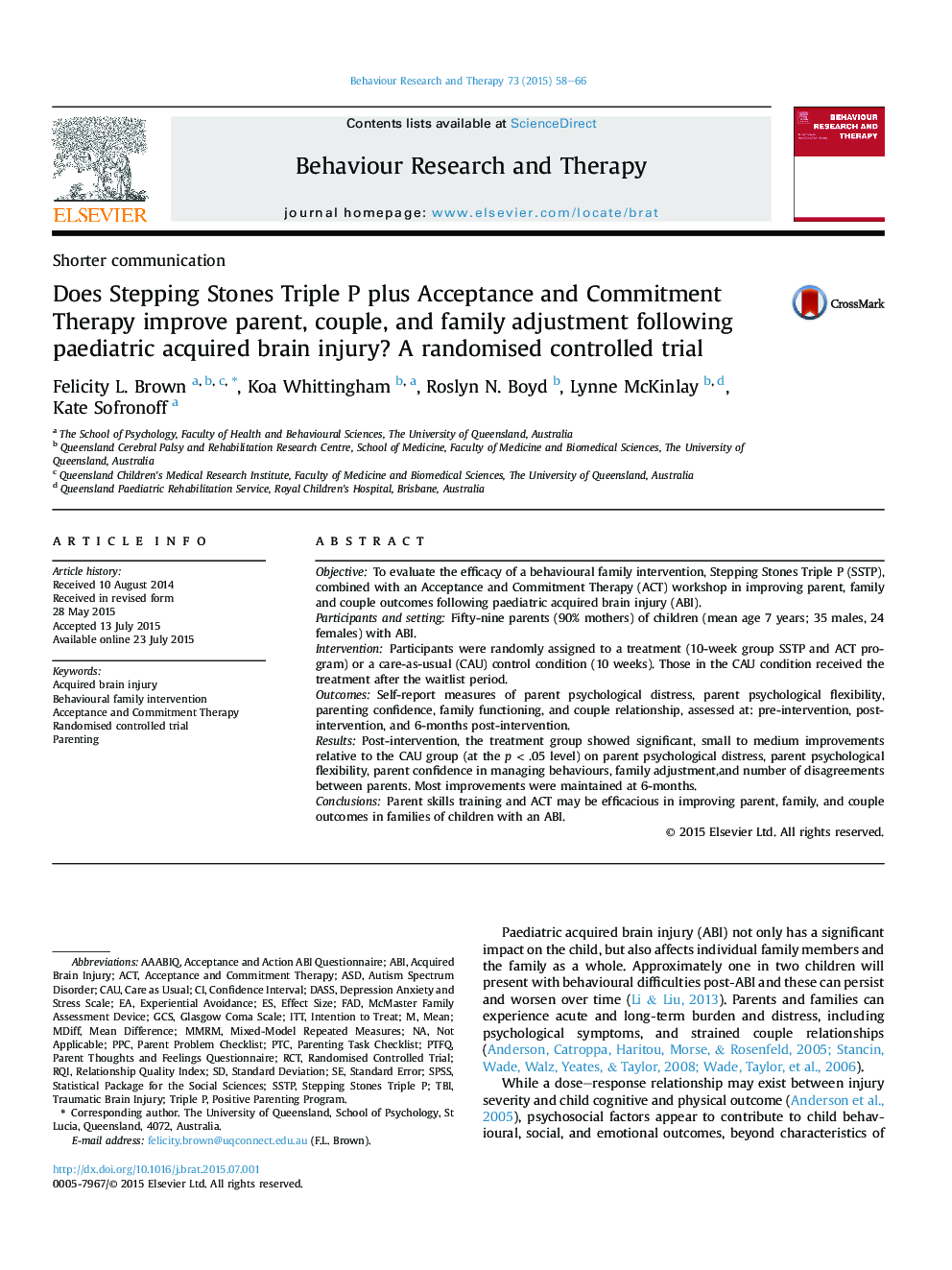 Does Stepping Stones Triple P plus Acceptance and Commitment Therapy improve parent, couple, and family adjustment following paediatric acquired brain injury? A randomised controlled trial