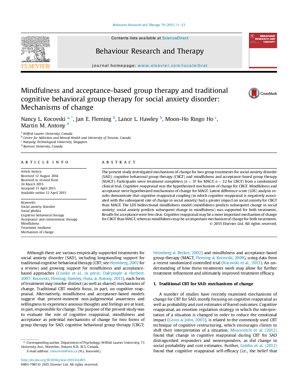 Mindfulness and acceptance-based group therapy and traditional cognitive behavioral group therapy for social anxiety disorder: Mechanisms of change