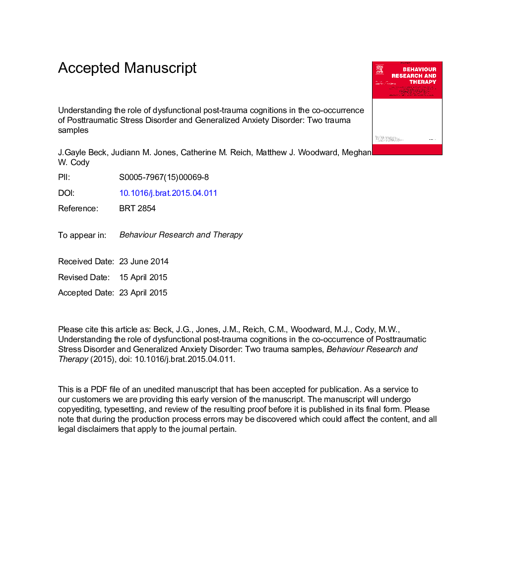 Understanding the role of dysfunctional post-trauma cognitions in the co-occurrence of Posttraumatic Stress Disorder and Generalized Anxiety Disorder: Two trauma samples