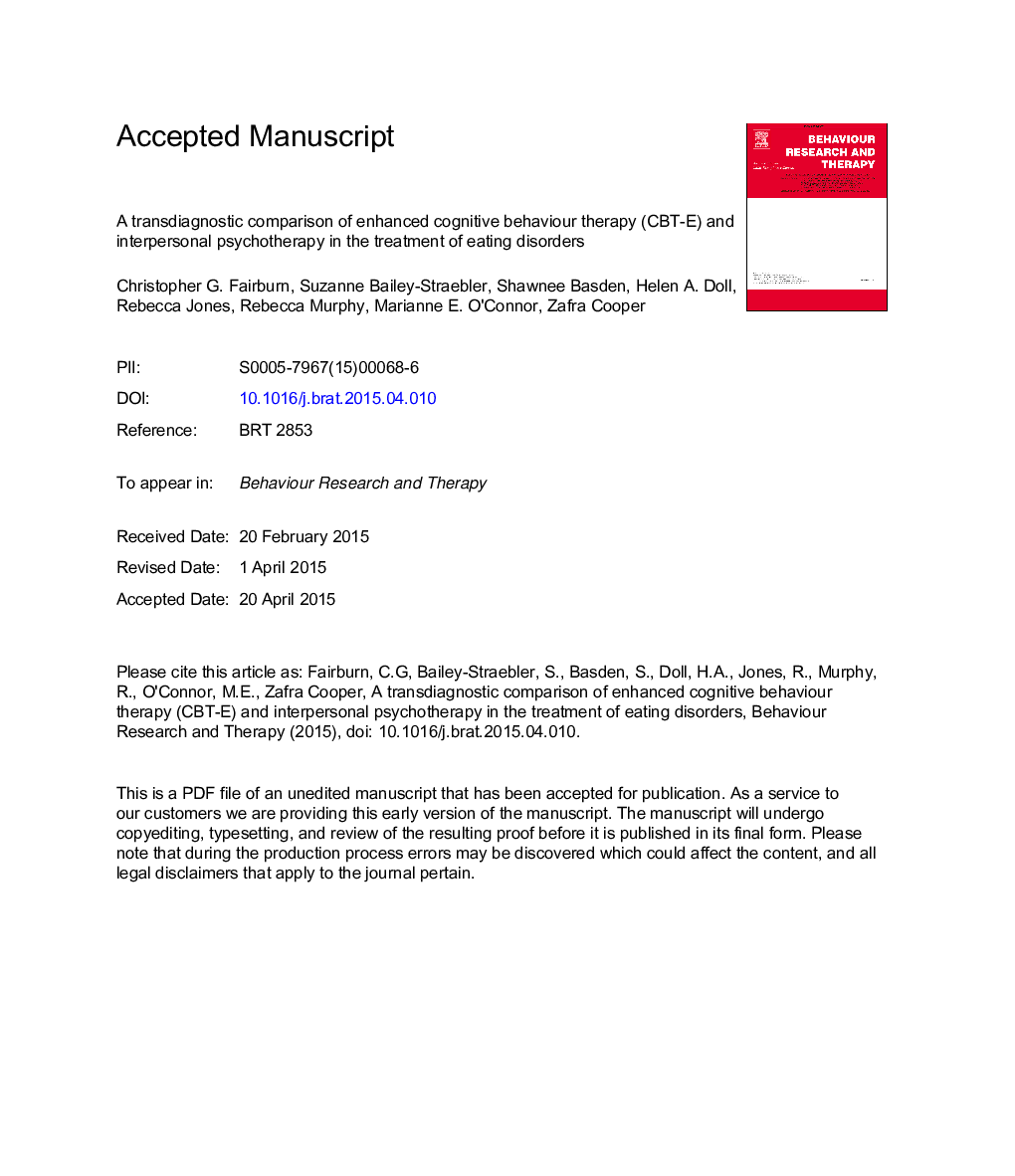 A transdiagnostic comparison of enhanced cognitive behaviour therapy (CBT-E) and interpersonal psychotherapy in the treatment of eating disorders