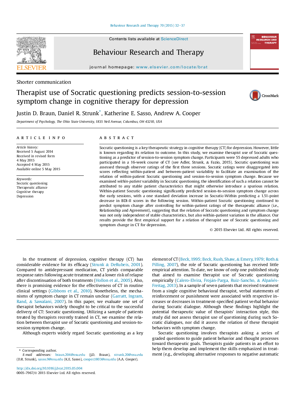 Therapist use of Socratic questioning predicts session-to-session symptom change in cognitive therapy for depression