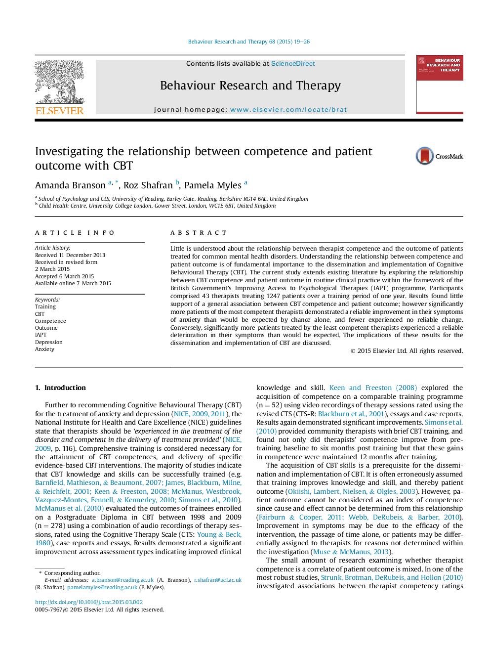 Investigating the relationship between competence and patient outcome with CBT