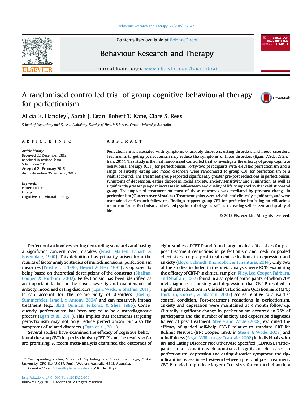 A randomised controlled trial of group cognitive behavioural therapy for perfectionism