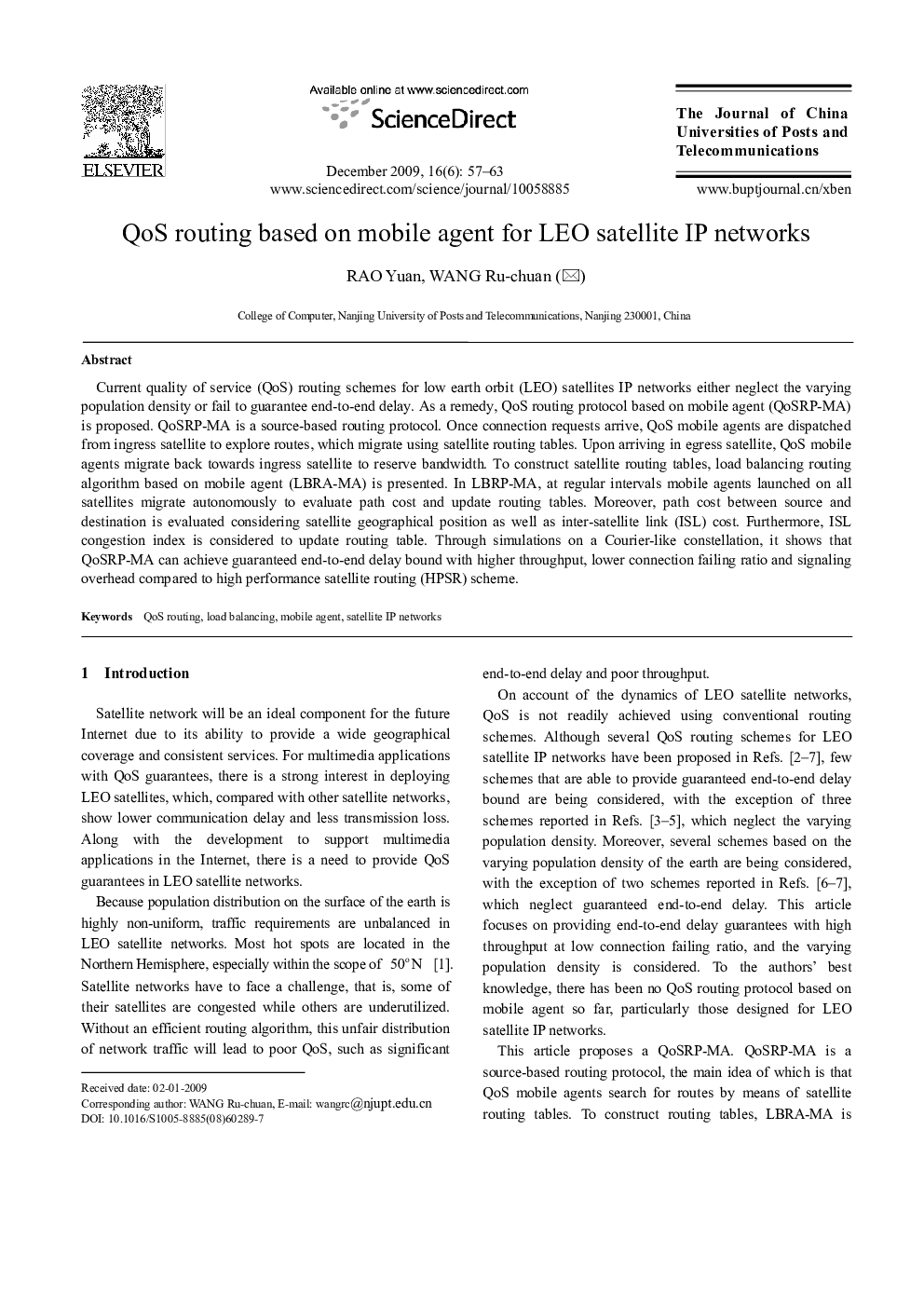 QoS routing based on mobile agent for LEO satellite IP networks
