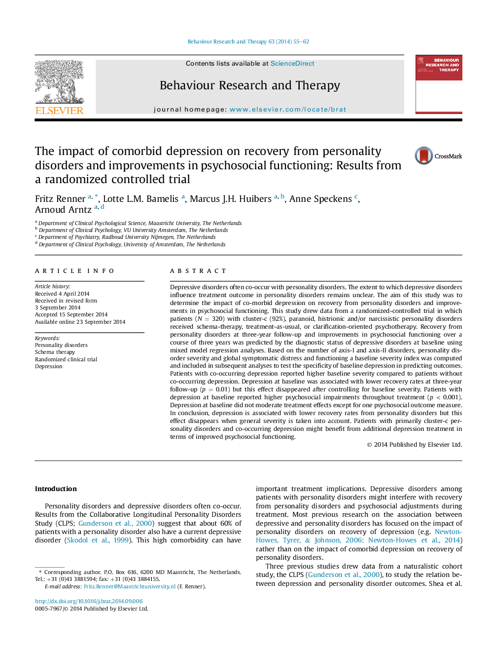 The impact of comorbid depression on recovery from personality disorders and improvements in psychosocial functioning: Results from a randomized controlled trial