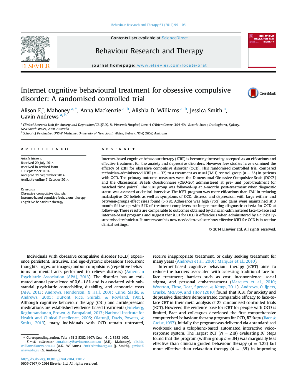 Internet cognitive behavioural treatment for obsessive compulsive disorder: A randomised controlled trial