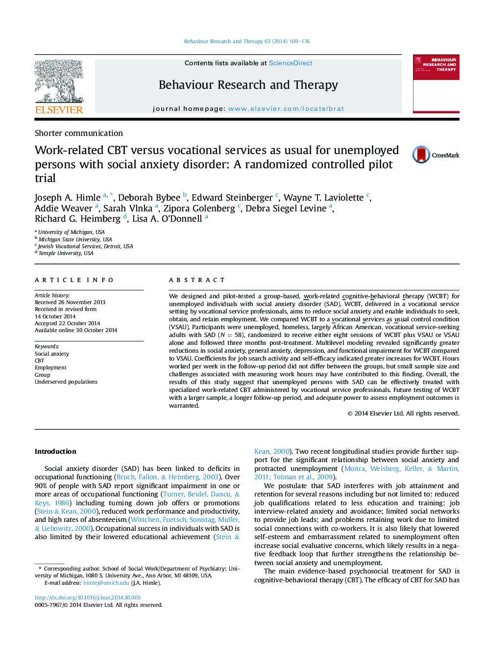 Work-related CBT versus vocational services as usual for unemployed persons with social anxiety disorder: A randomized controlled pilot trial