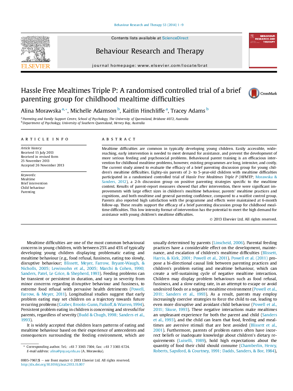 Hassle Free Mealtimes Triple P: A randomised controlled trial of a brief parenting group for childhood mealtime difficulties