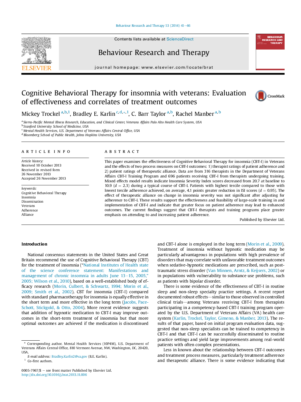 Cognitive Behavioral Therapy for insomnia with veterans: Evaluation of effectiveness and correlates of treatment outcomes