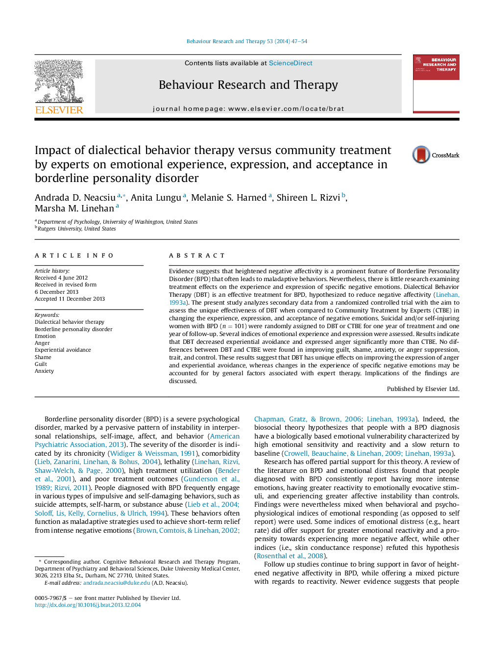 Impact of dialectical behavior therapy versus community treatment by experts on emotional experience, expression, and acceptance in borderline personality disorder