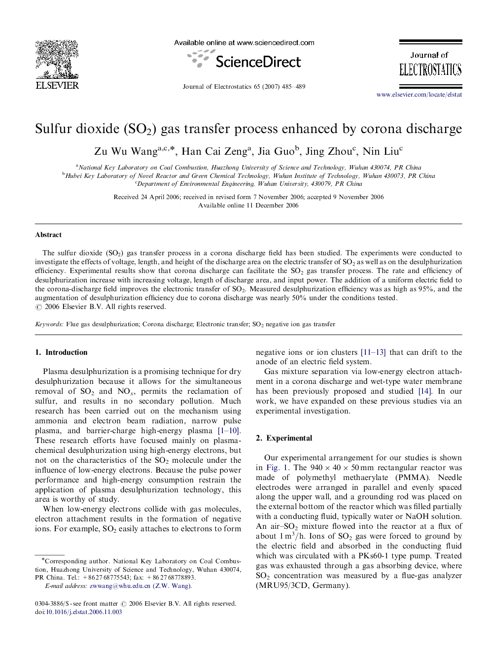 Sulfur dioxide (SO2) gas transfer process enhanced by corona discharge