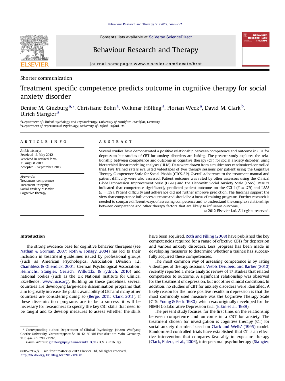 Treatment specific competence predicts outcome in cognitive therapy for social anxiety disorder