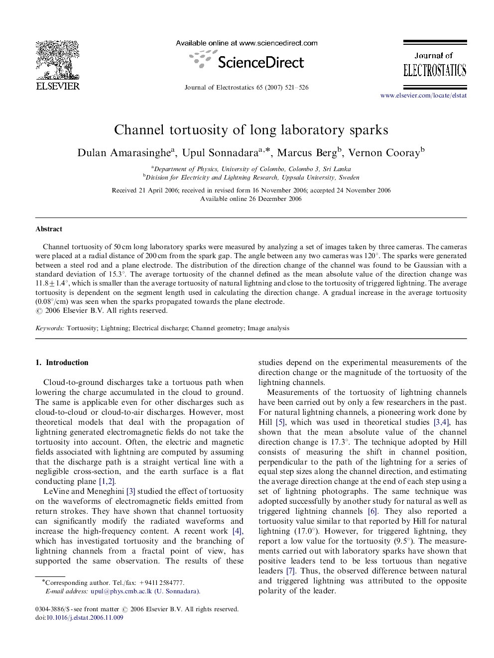 عکس صفحه اول مقاله: Channel tortuosity of long laboratory sparks Channel tortuosity of long laboratory sparks