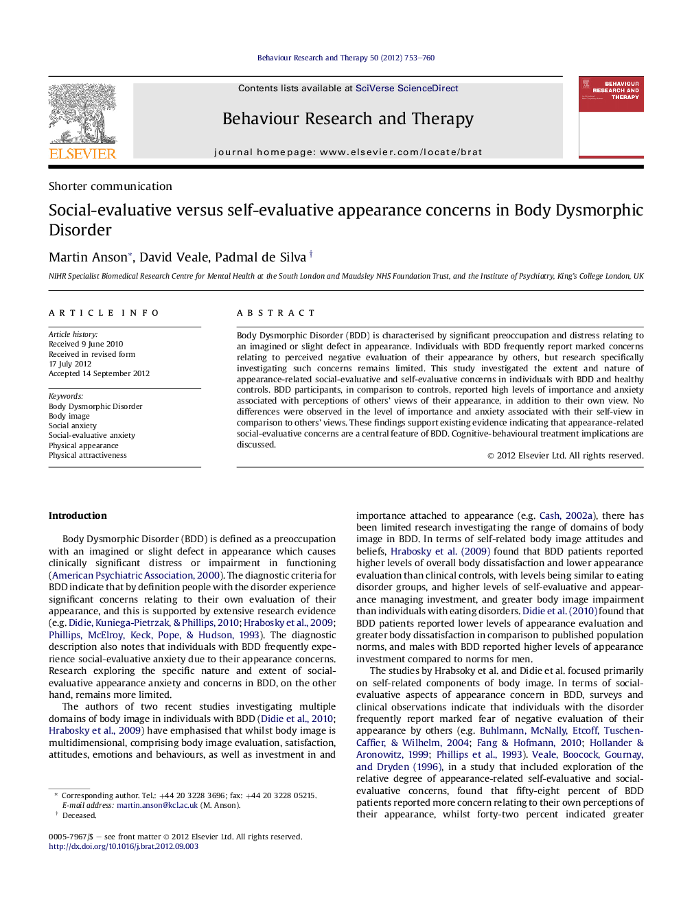 Social-evaluative versus self-evaluative appearance concerns in Body Dysmorphic Disorder