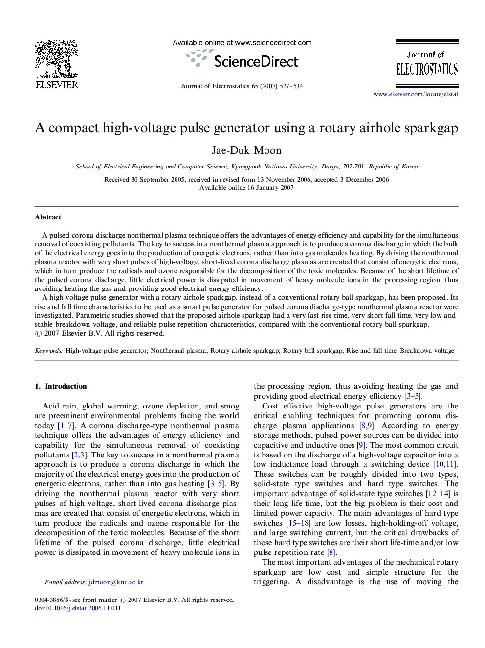 A compact high-voltage pulse generator using a rotary airhole sparkgap