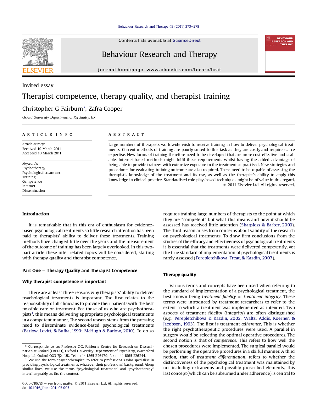 Therapist competence, therapy quality, and therapist training