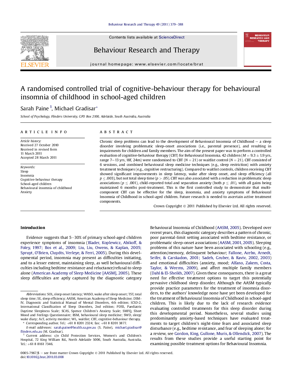 A randomised controlled trial of cognitive-behaviour therapy for behavioural insomnia of childhood in school-aged children