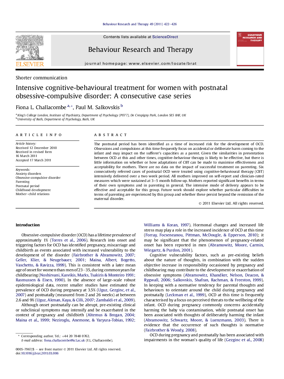 Intensive cognitive-behavioural treatment for women with postnatal obsessive-compulsive disorder: A consecutive case series